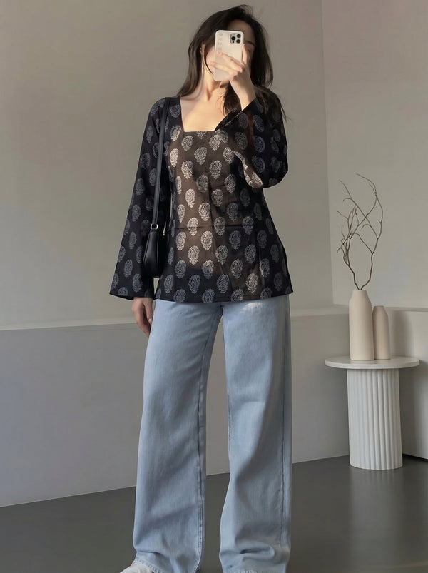 Black Paisley Print Bell Sleeve Square Neck Short Kurti