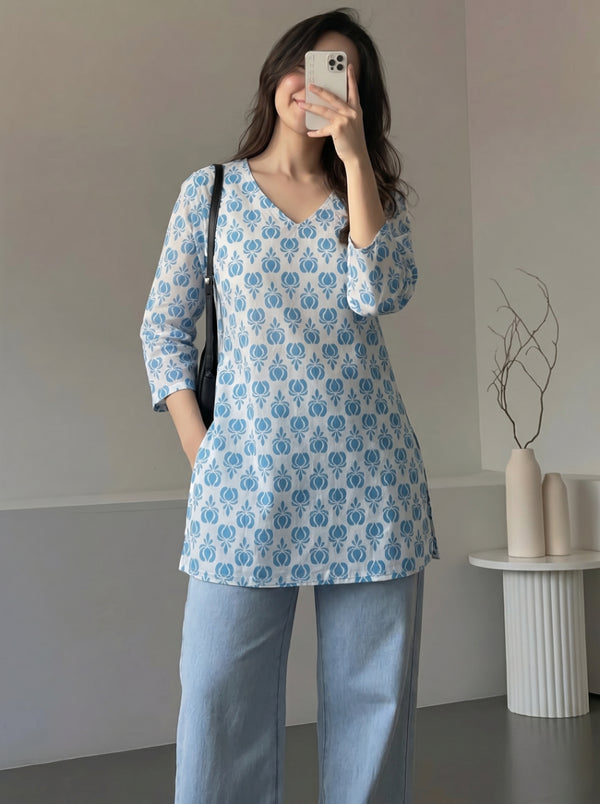 White Blue Floral Booti Printed 3/4 Sleeves Round Neck Short Kurti