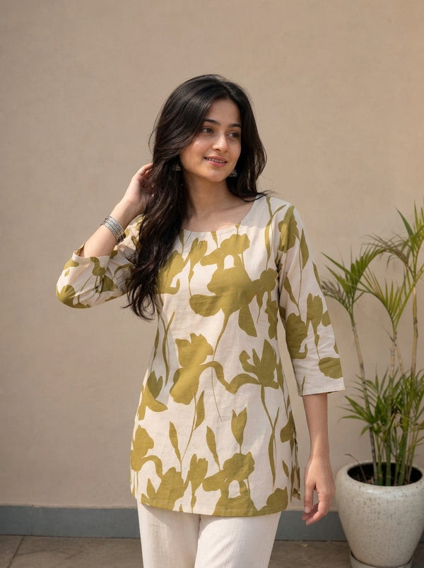 Beige Olive Green Large Floral Printed 3/4 Sleeves Round Neck Short Kurti