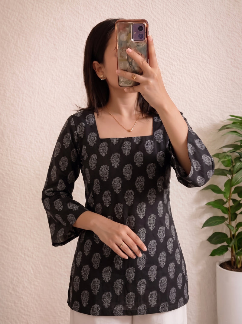 Black Paisley Print Bell Sleeve Square Neck Short Kurti