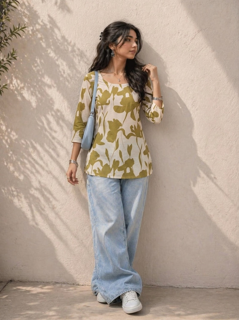 Beige Olive Green Large Floral Printed 3/4 Sleeves Round Neck Short Kurti