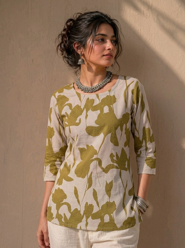 Beige Olive Green Large Floral Printed 3/4 Sleeves Round Neck Short Kurti