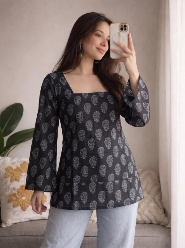 Black Paisley Print Bell Sleeve Square Neck Short Kurti