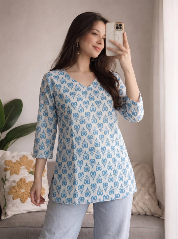 White Blue Floral Booti Printed 3/4 Sleeves Round Neck Short Kurti