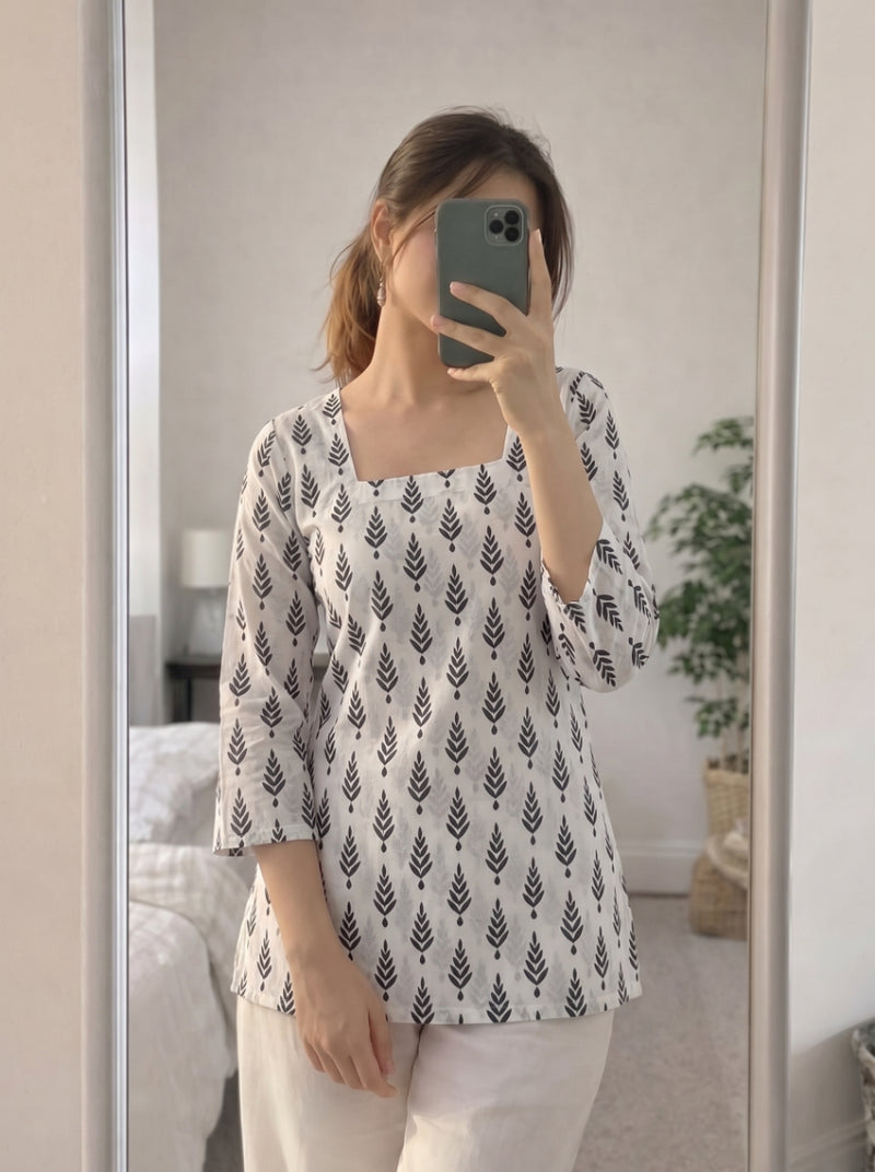 White Black Leaf Printed 3/4 Sleeves Square Neck Short Kurti