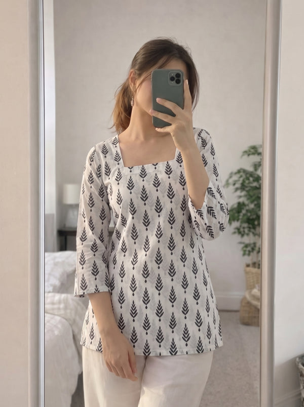 White Black Leaf Printed 3/4 Sleeves Square Neck Short Kurti