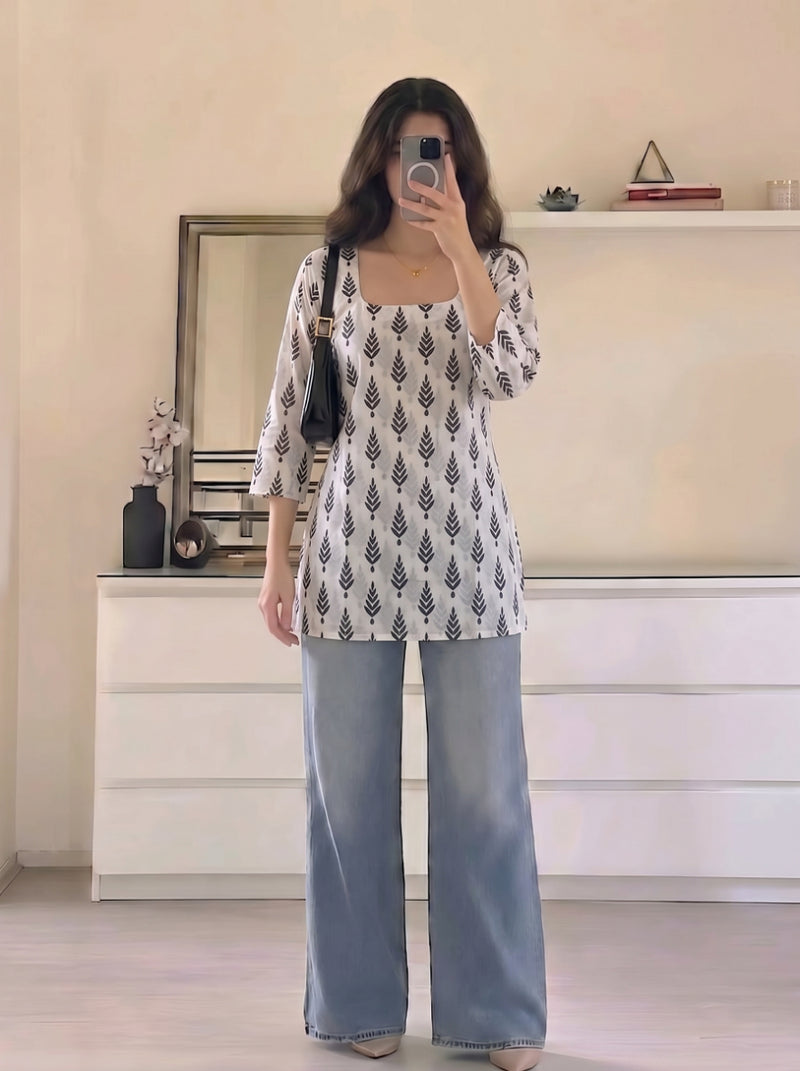 White Black Leaf Printed 3/4 Sleeves Square Neck Short Kurti