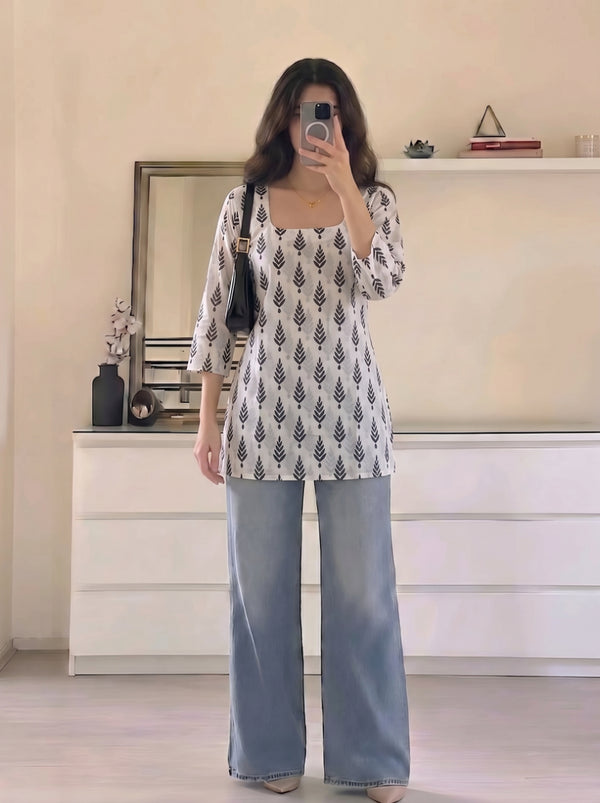 White Black Leaf Printed 3/4 Sleeves Square Neck Short Kurti