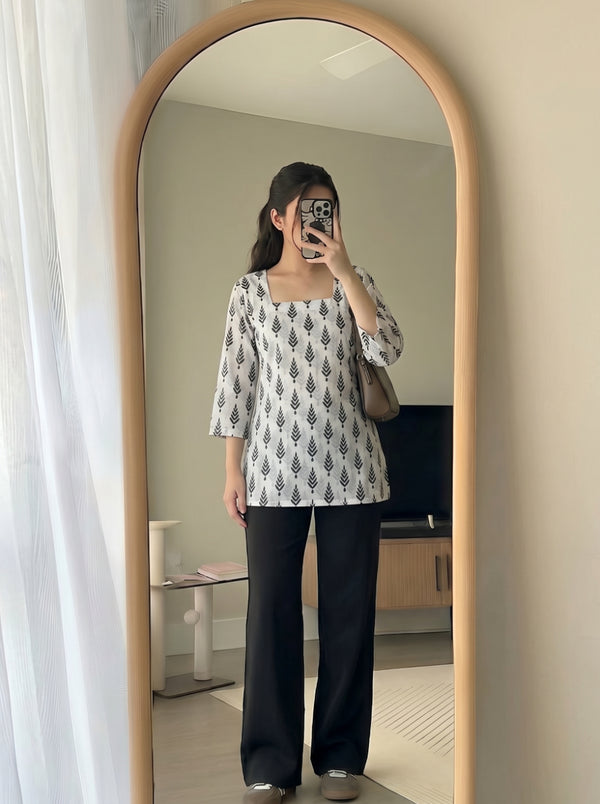 White Black Leaf Printed 3/4 Sleeves Square Neck Short Kurti