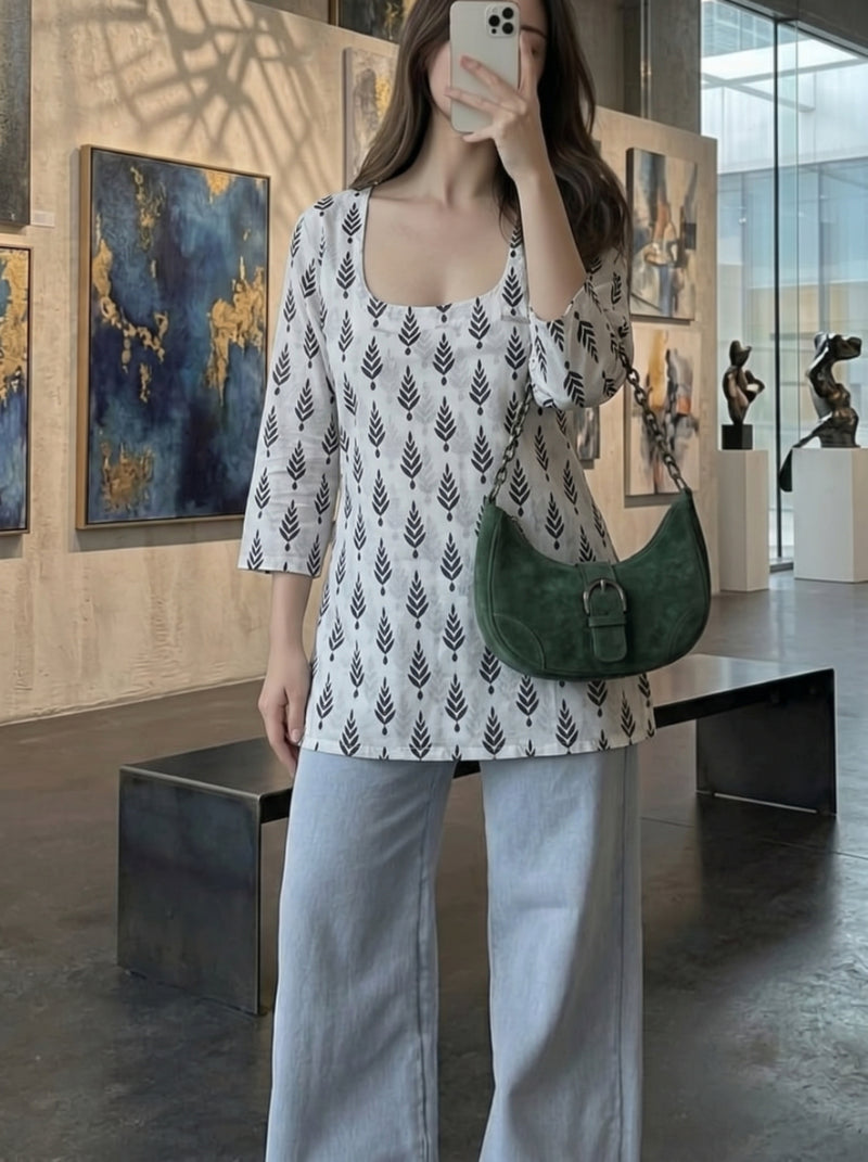 White Black Leaf Printed 3/4 Sleeves Square Neck Short Kurti