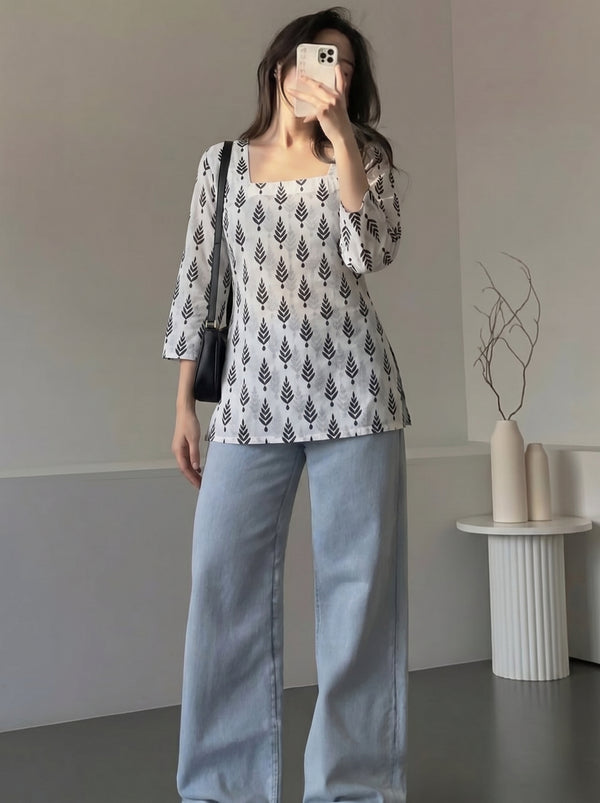 White Black Leaf Printed 3/4 Sleeves Square Neck Short Kurti
