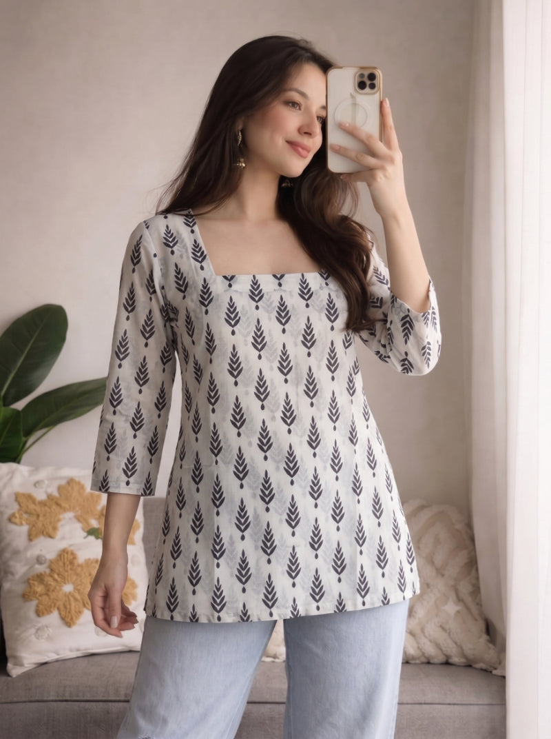 White Black Leaf Printed 3/4 Sleeves Square Neck Short Kurti