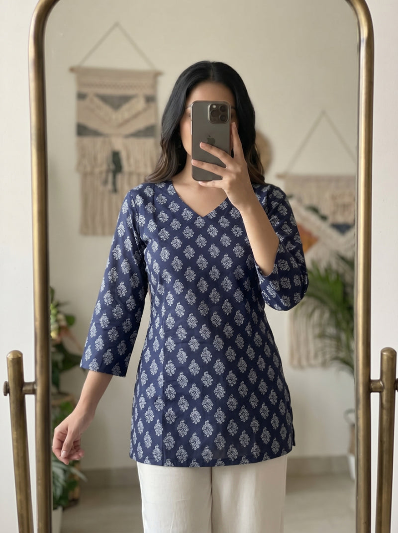 Navy Blue White Booti Printed 3/4 Sleeves V-Neck Short Kurti