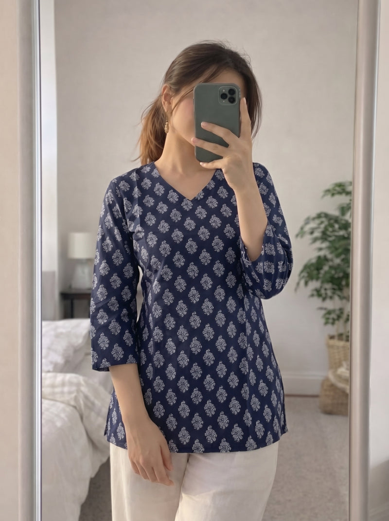 Navy Blue White Booti Printed 3/4 Sleeves V-Neck Short Kurti
