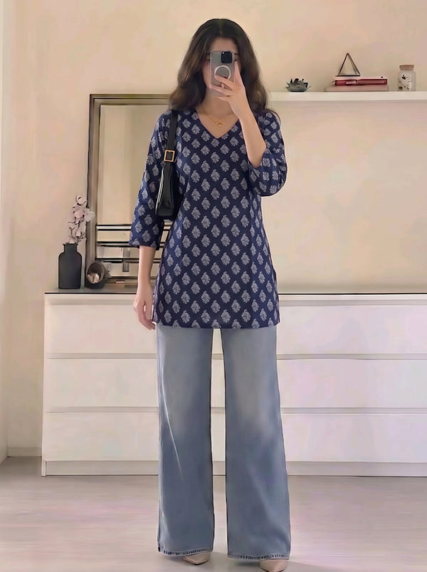 Navy Blue White Booti Printed 3/4 Sleeves V-Neck Short Kurti