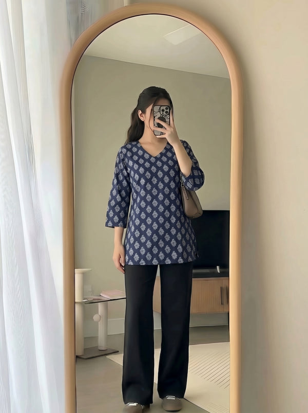 Navy Blue White Booti Printed 3/4 Sleeves V-Neck Short Kurti