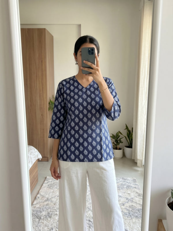Navy Blue White Booti Printed 3/4 Sleeves V-Neck Short Kurti