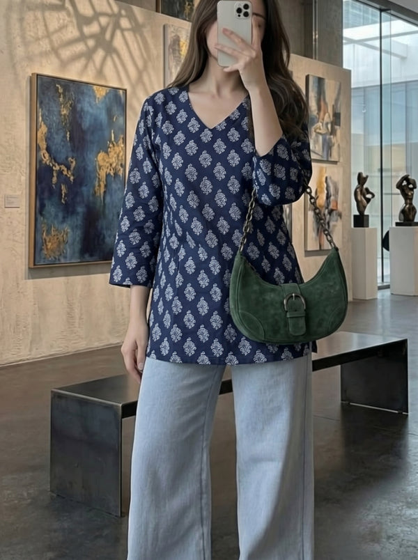 Navy Blue White Booti Printed 3/4 Sleeves V-Neck Short Kurti