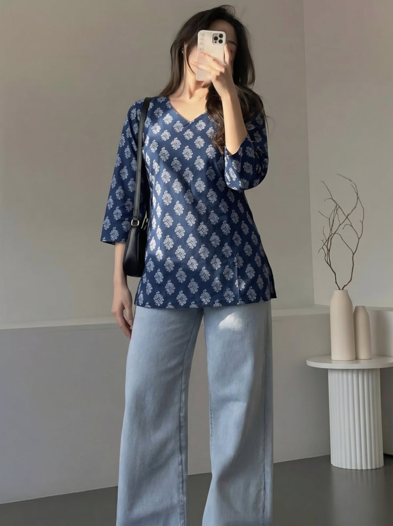 Navy Blue White Booti Printed 3/4 Sleeves V-Neck Short Kurti
