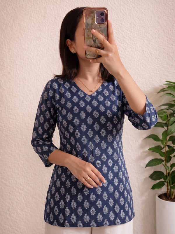 Navy Blue White Booti Printed 3/4 Sleeves V-Neck Short Kurti