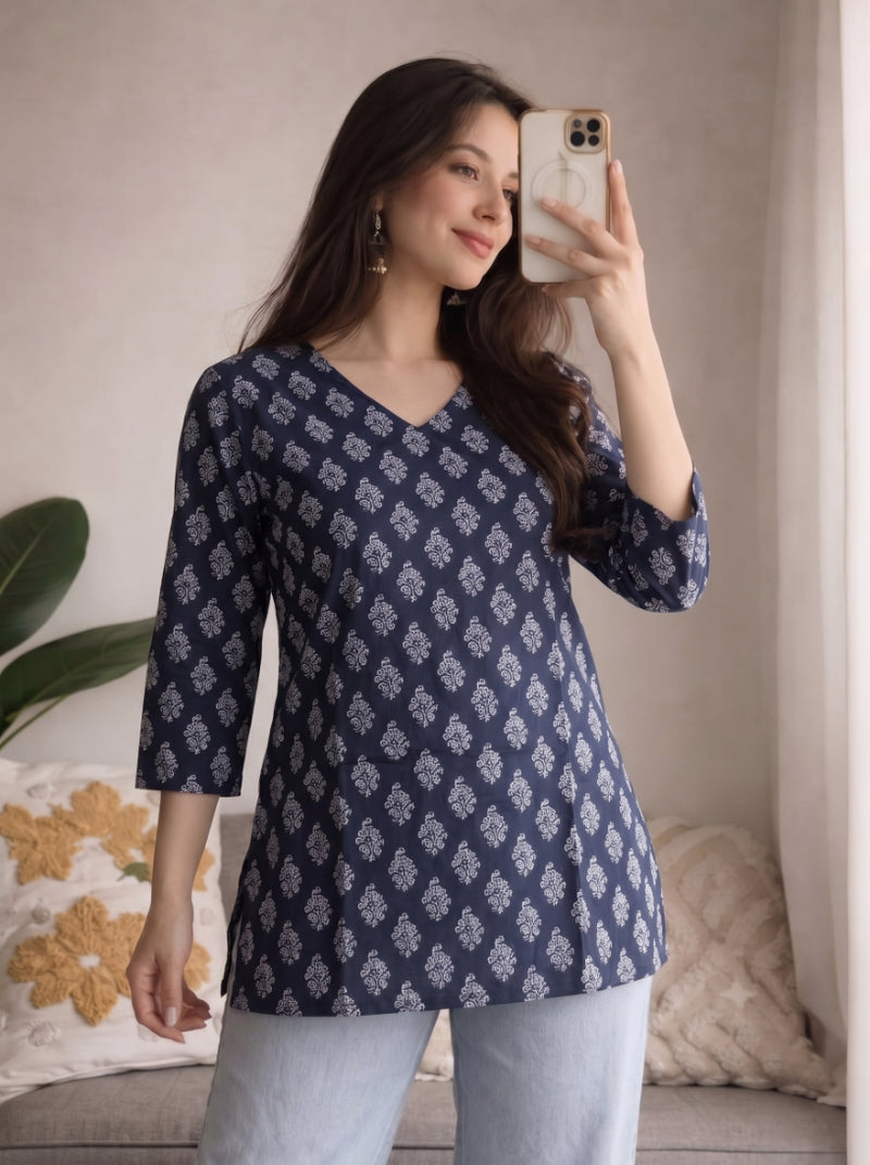 Navy Blue White Booti Printed 3/4 Sleeves V-Neck Short Kurti