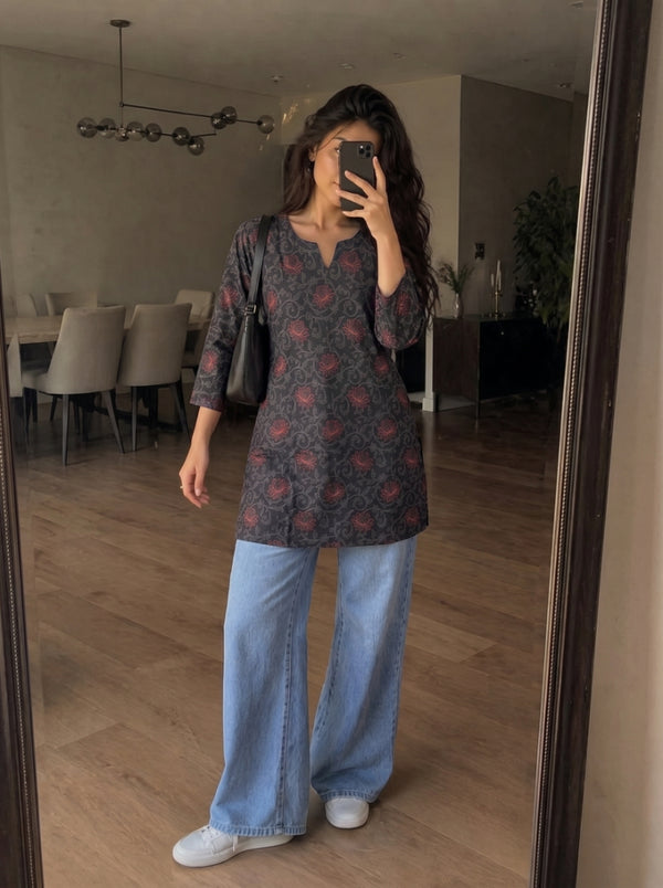 Black Floral Printed 3/4 Sleeves Short Kurti
