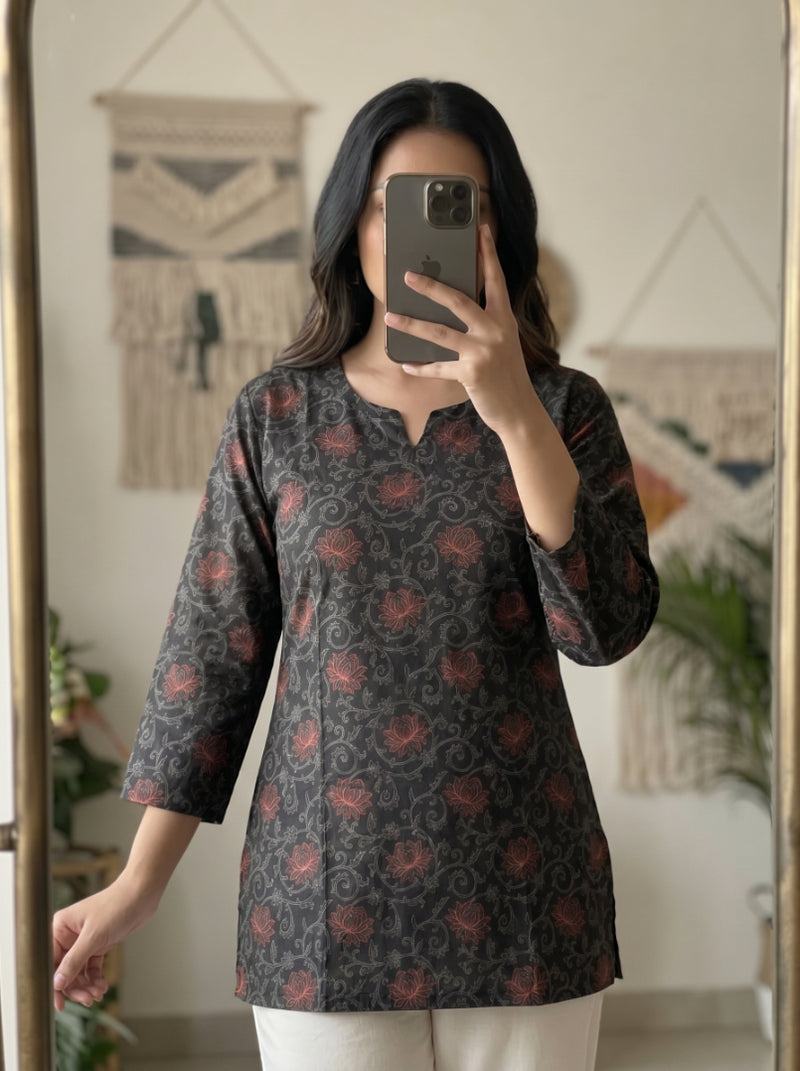 Black Floral Printed 3/4 Sleeves Short Kurti
