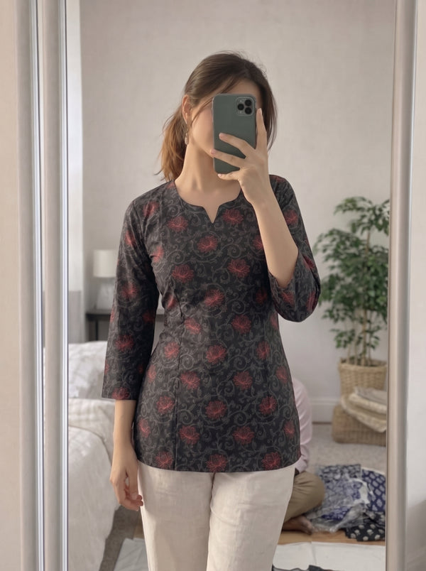 Black Floral Printed 3/4 Sleeves Short Kurti