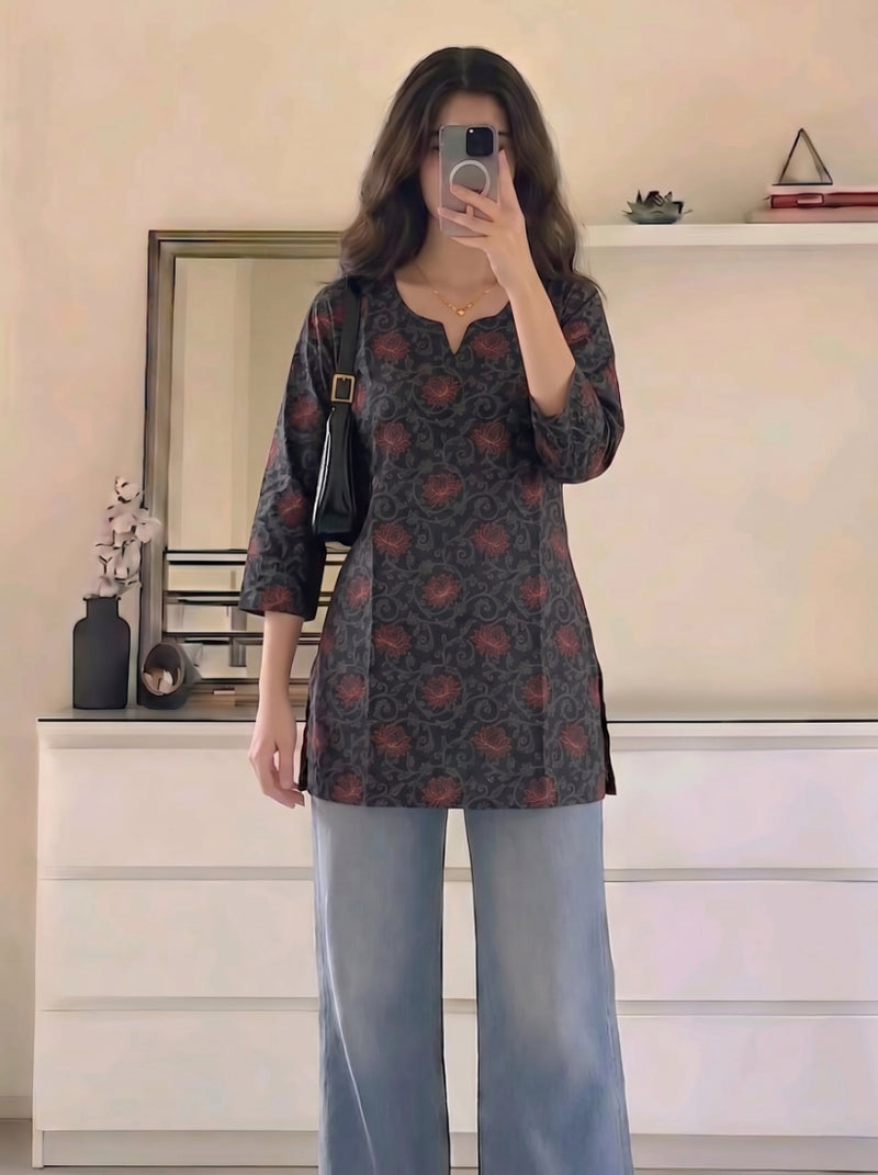 Black Floral Printed 3/4 Sleeves Short Kurti