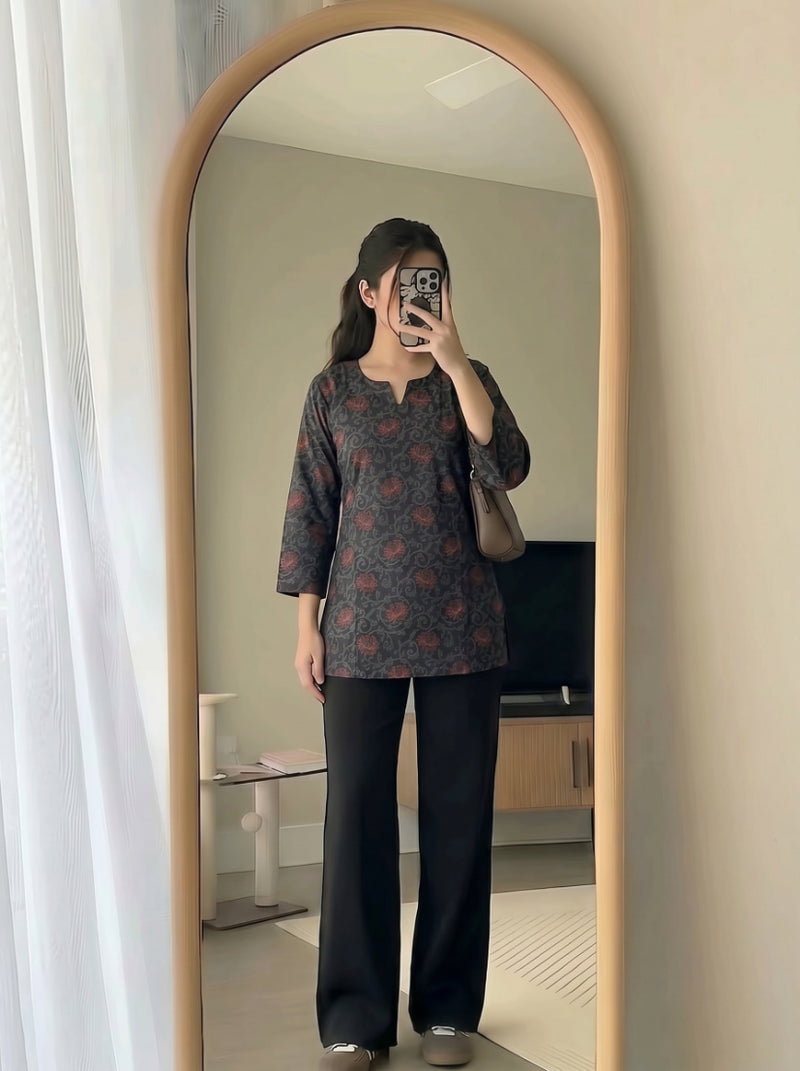 Black Floral Printed 3/4 Sleeves Short Kurti