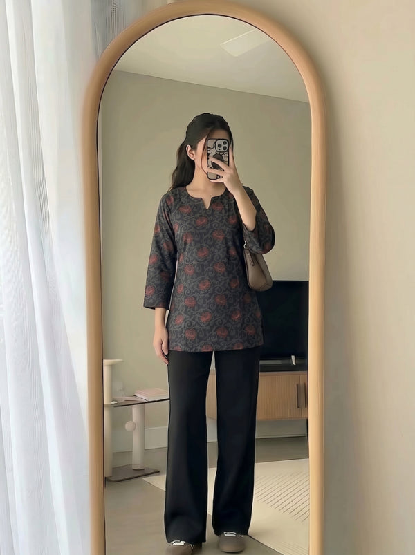 Black Floral Printed 3/4 Sleeves Short Kurti