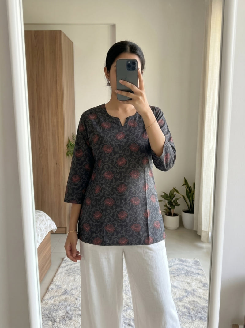 Black Floral Printed 3/4 Sleeves Short Kurti