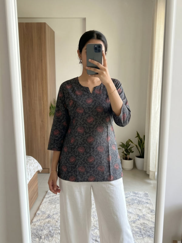 Black Floral Printed 3/4 Sleeves Short Kurti