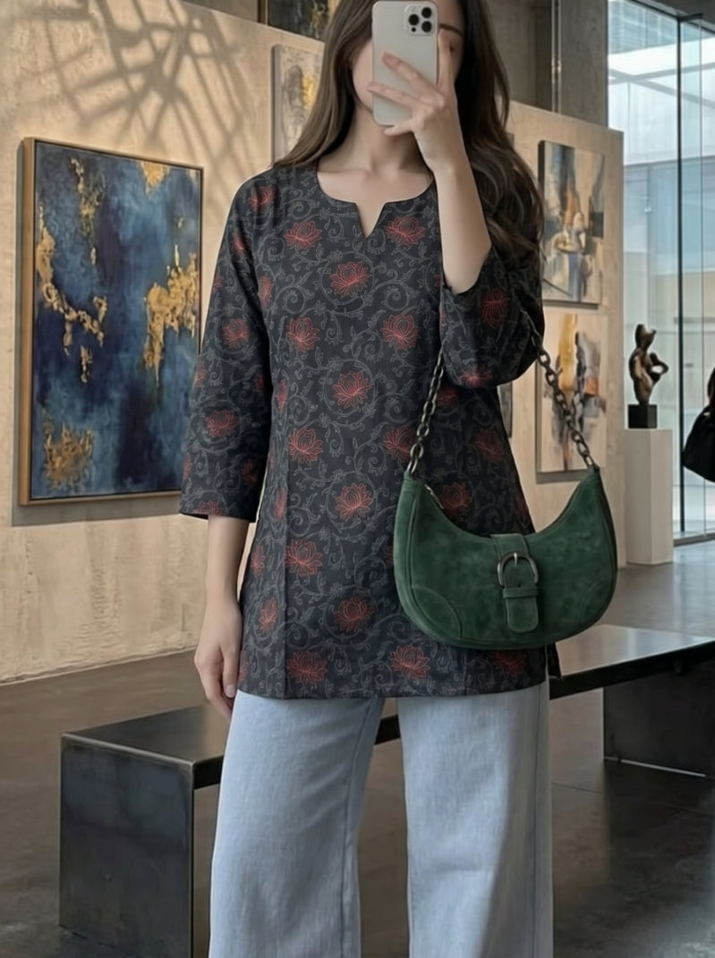 Black Floral Printed 3/4 Sleeves Short Kurti