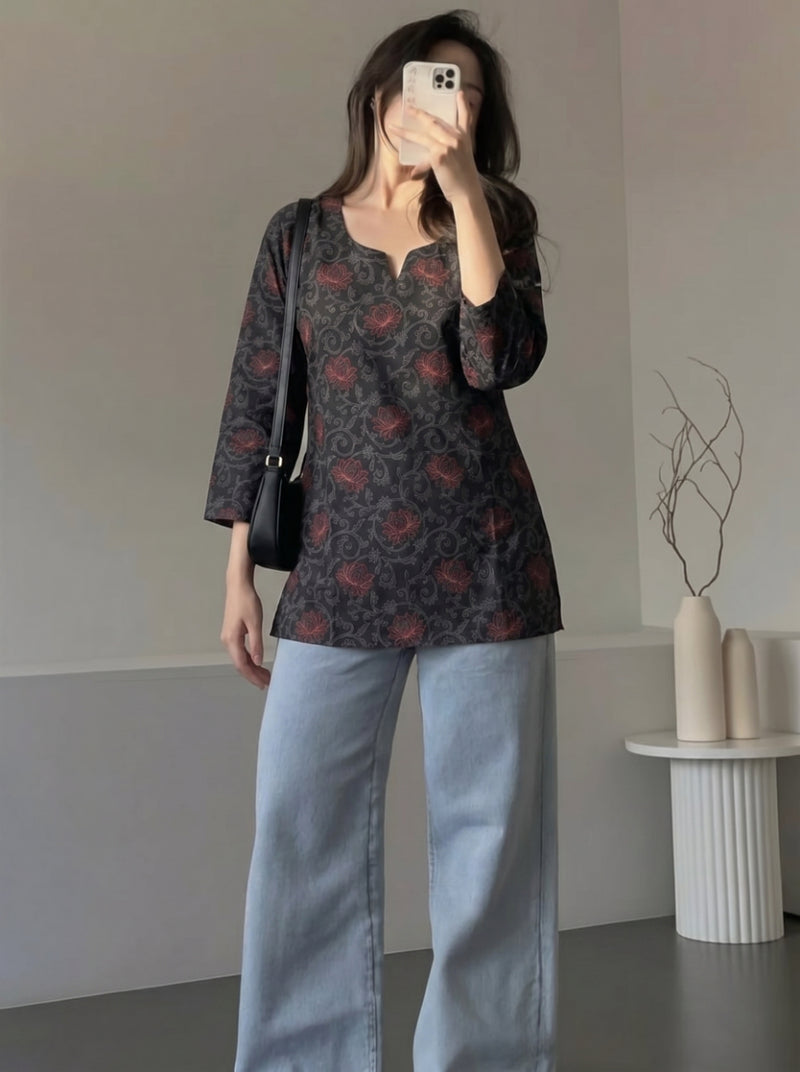 Black Floral Printed 3/4 Sleeves Short Kurti