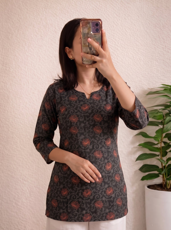 Black Floral Printed 3/4 Sleeves Short Kurti