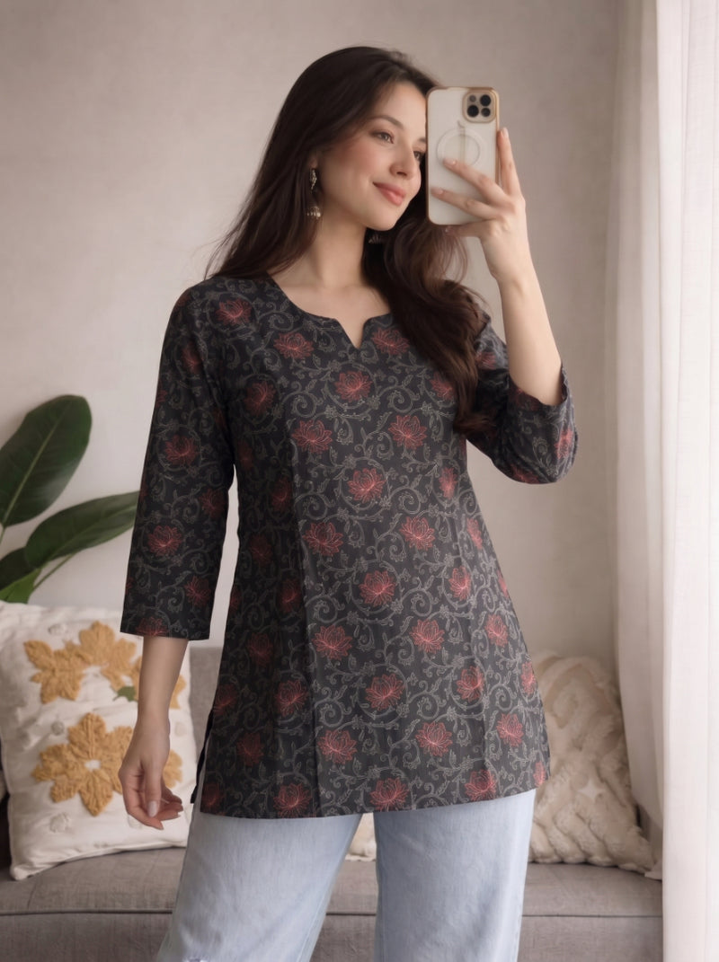 Black Floral Printed 3/4 Sleeves Short Kurti