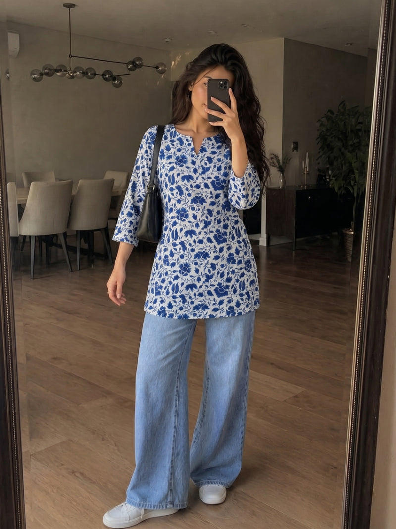 White Blue Floral Printed 3/4 Sleeves Short Kurti