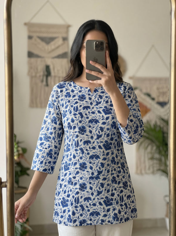 White Blue Floral Printed 3/4 Sleeves Short Kurti