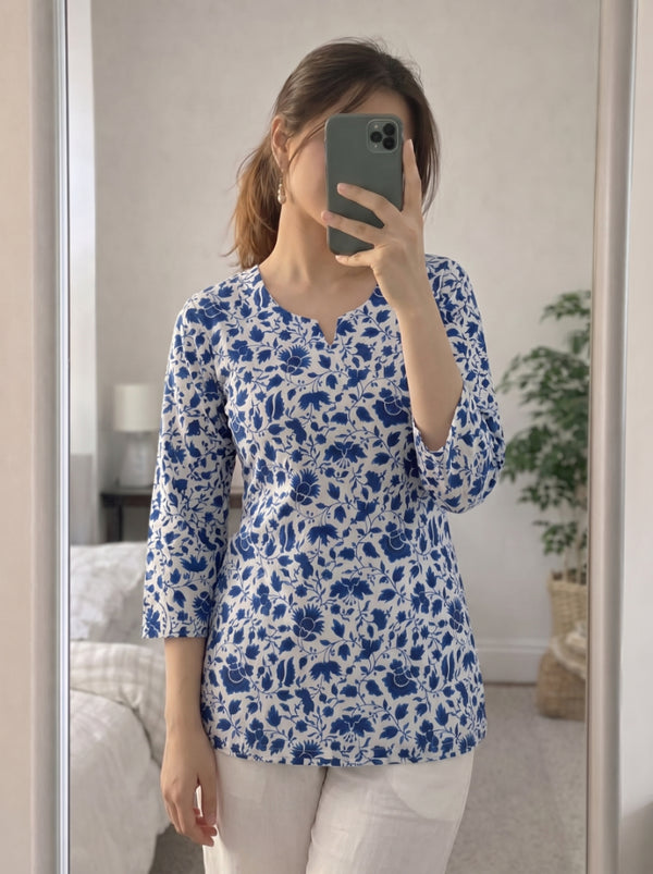 White Blue Floral Printed 3/4 Sleeves Short Kurti