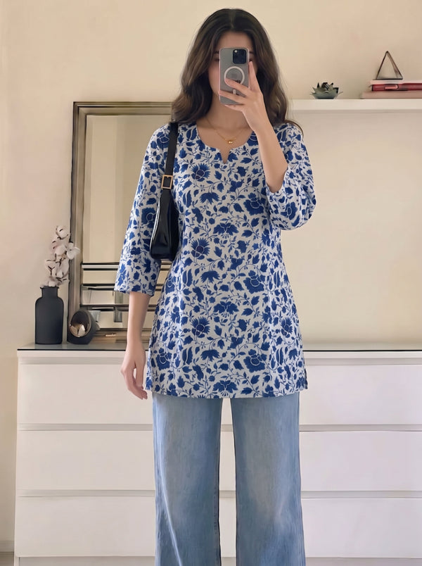 White Blue Floral Printed 3/4 Sleeves Short Kurti