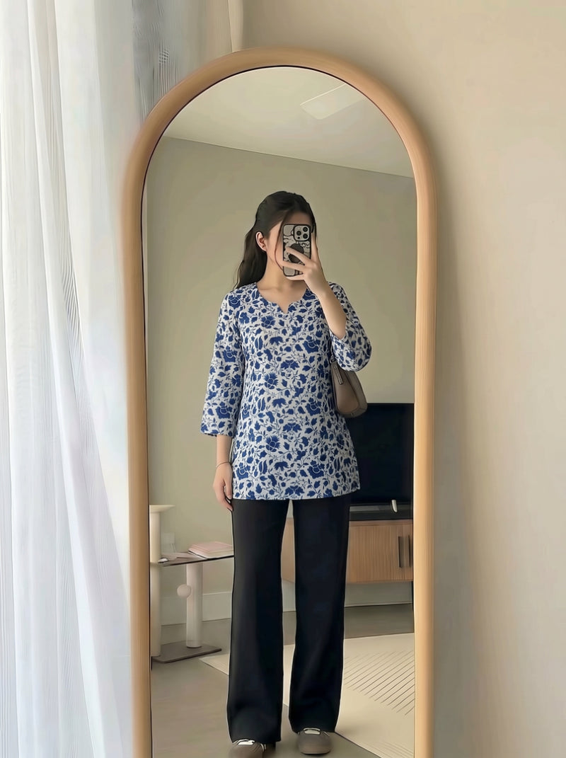 White Blue Floral Printed 3/4 Sleeves Short Kurti