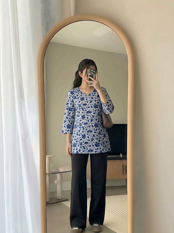 White Blue Floral Printed 3/4 Sleeves Short Kurti