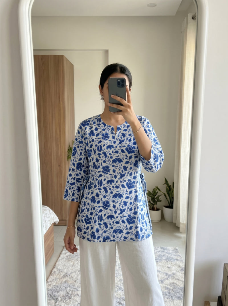 White Blue Floral Printed 3/4 Sleeves Short Kurti