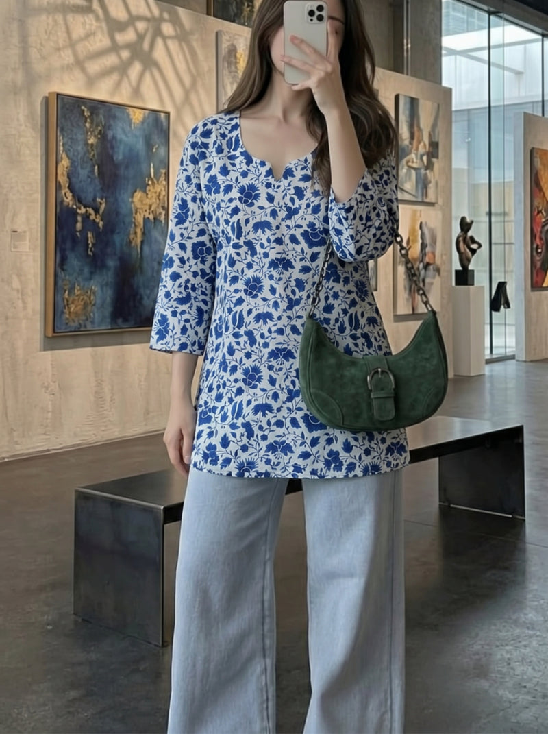 White Blue Floral Printed 3/4 Sleeves Short Kurti