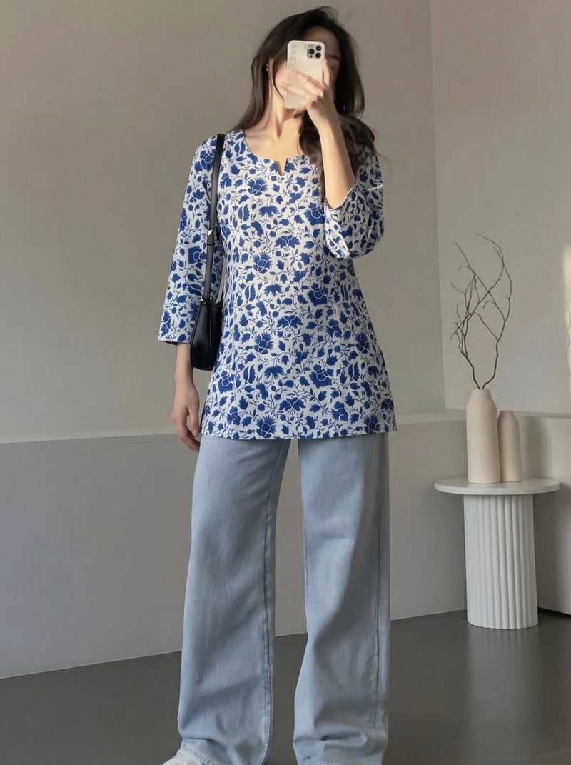 White Blue Floral Printed 3/4 Sleeves Short Kurti