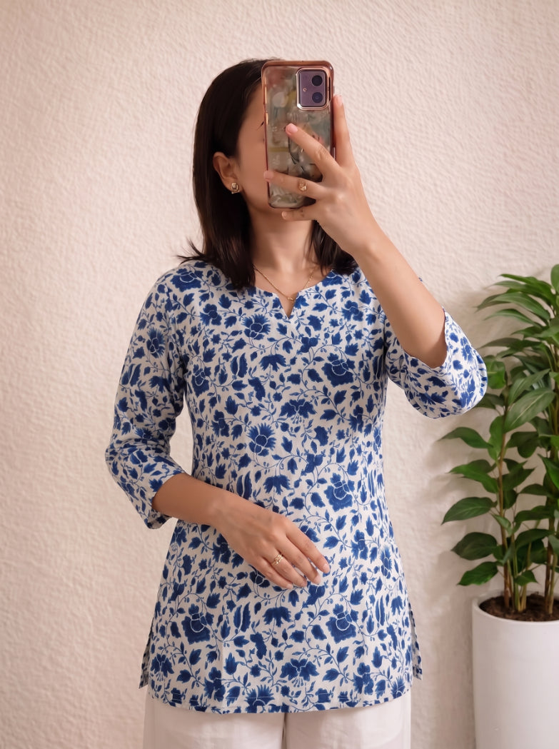 White Blue Floral Printed 3/4 Sleeves Short Kurti