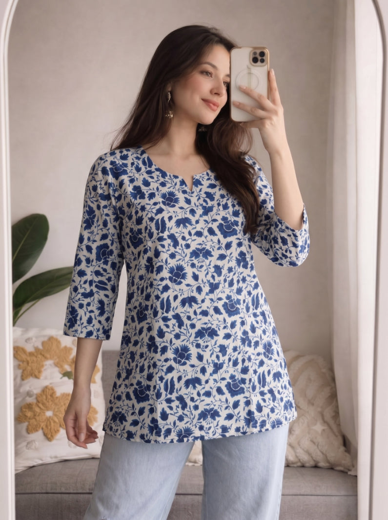 White Blue Floral Printed 3/4 Sleeves Short Kurti