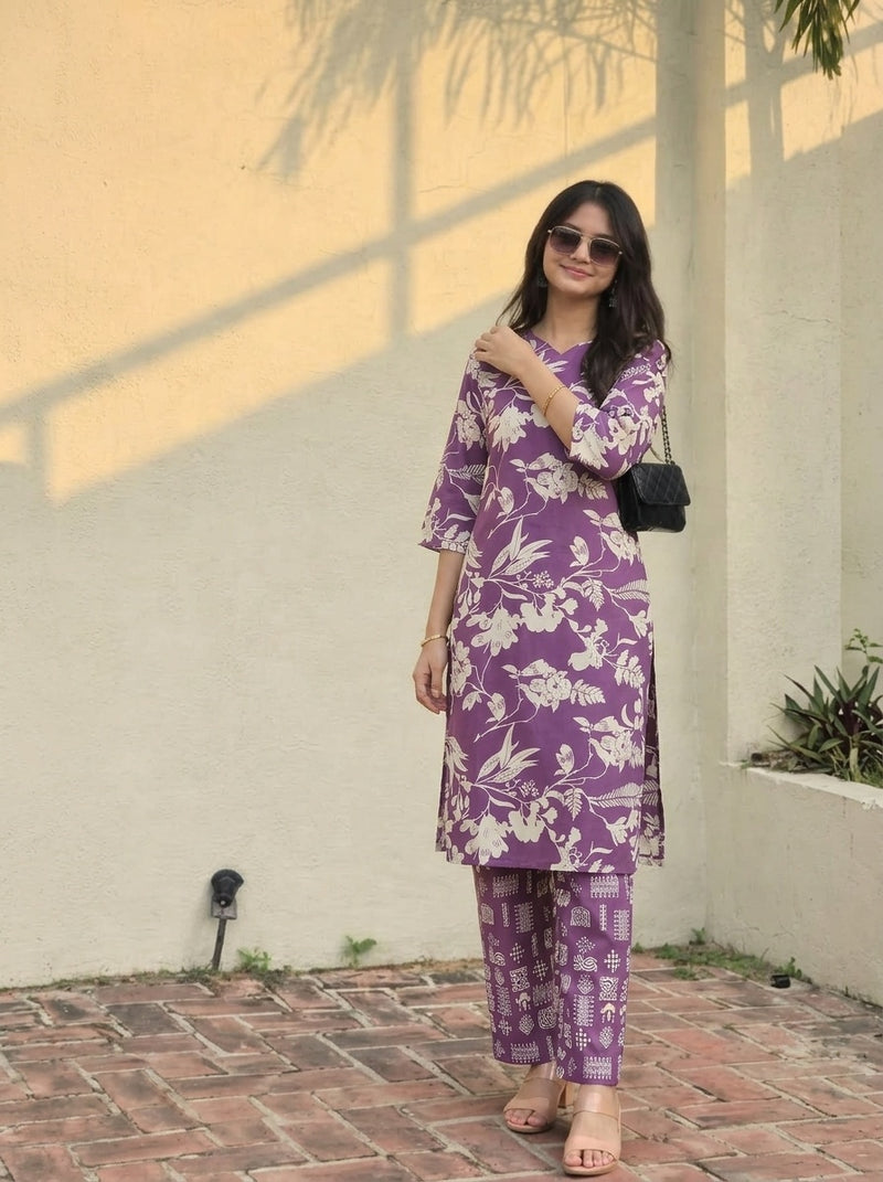 Purple Floral print kurta with pant set
