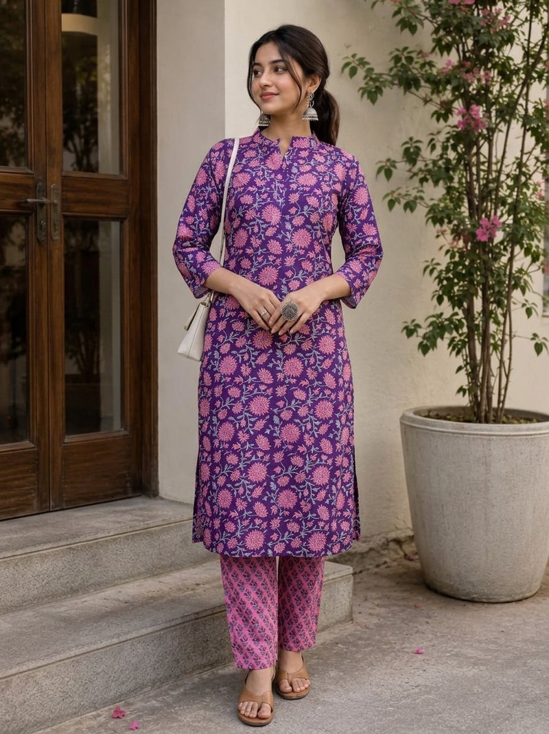 Purple Floral print kurta with pant set